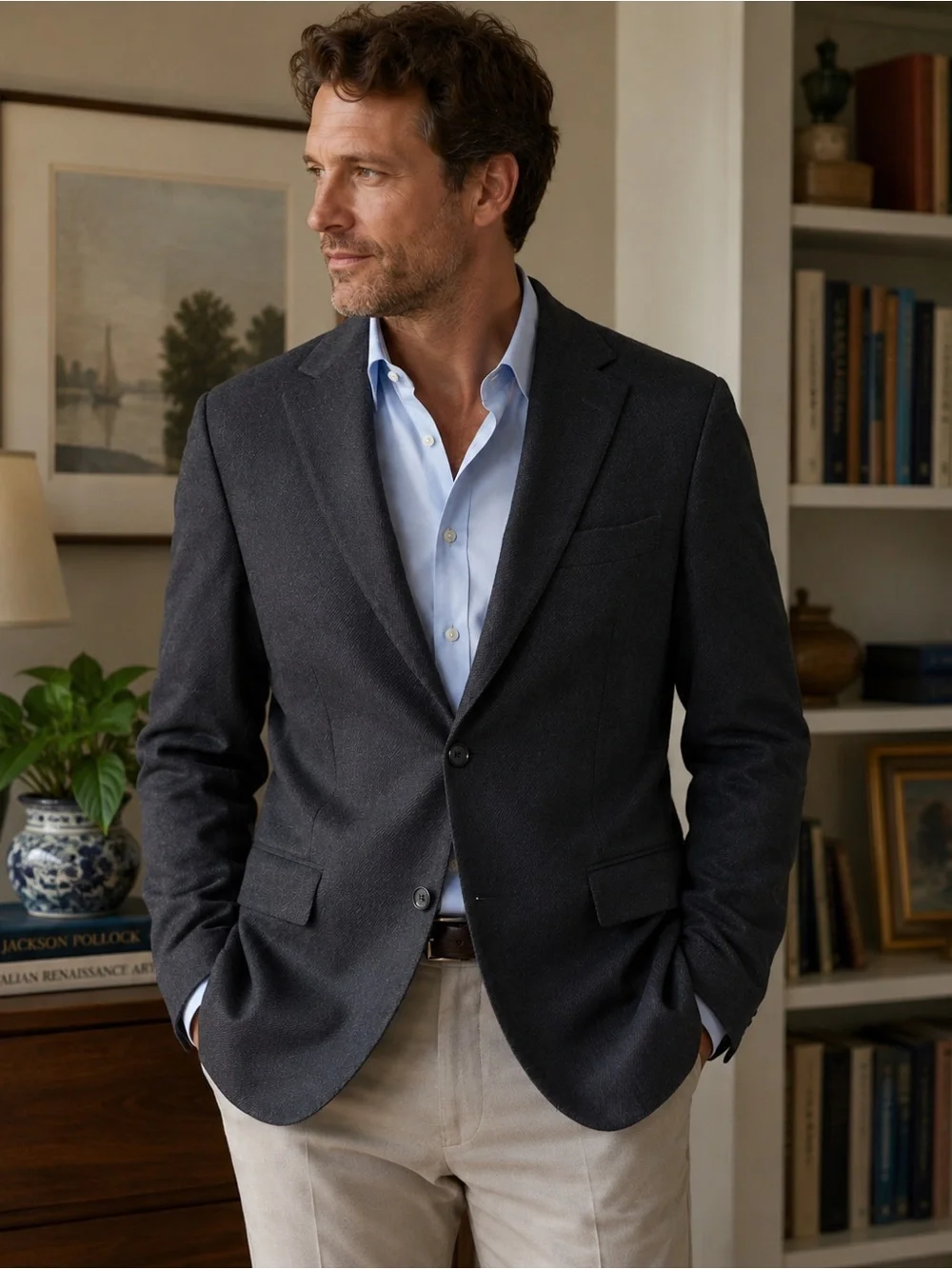 Oscar de la Renta Mens Blazer 43R Charcoal Gray Wool Flannel Two Button Jacket